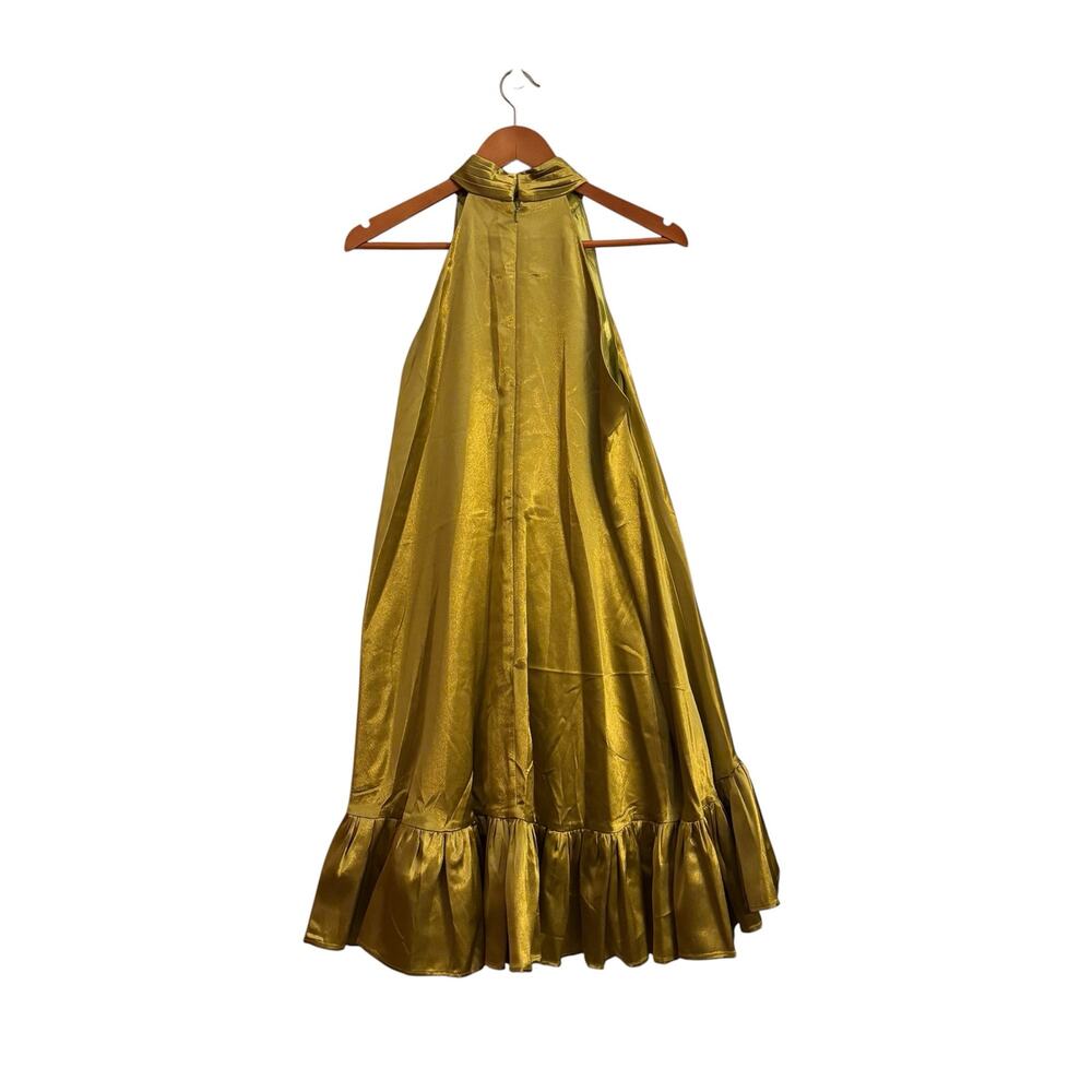 Ieena for Mac Duggal Metallic Olive Green Halter Gown Ruffle Hem Formal Dress M - Picture 2 of 7